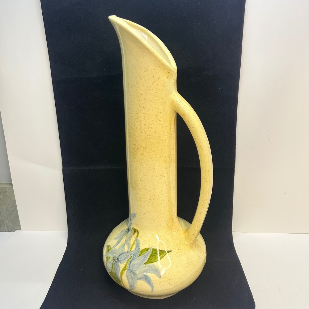 Vintage Speckled Yellow Ceramic Pitcher‎ Vase Blue Floral Hand Painted Tall 12in